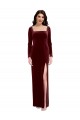 Bordeaux Trapèze Bretelles spaghetti Col Carré Velours Stretch Longue Robes demoiselle d'honneur / Robes de bal à Bas Prix