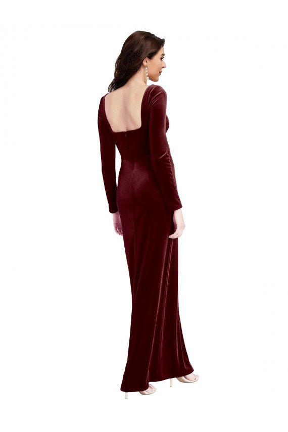 Bordeaux Trapèze Bretelles spaghetti Col Carré Velours Stretch Longue Robes demoiselle d'honneur / Robes de bal à Bas Prix