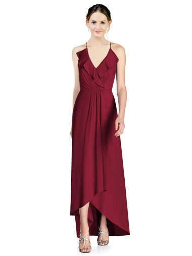 Bordeaux Trapèze Bretelles spaghetti Col V Mousseline Longue Asymétrique Robes demoiselle d'honneur à Bas Prix