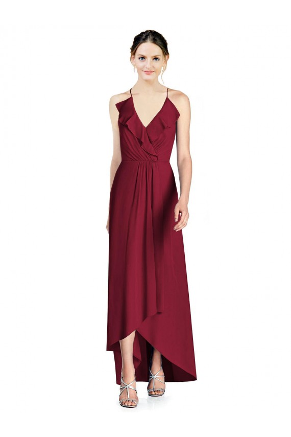 Bordeaux Trapèze Bretelles spaghetti Col V Mousseline Longue Asymétrique Robes demoiselle d'honneur à Bas Prix