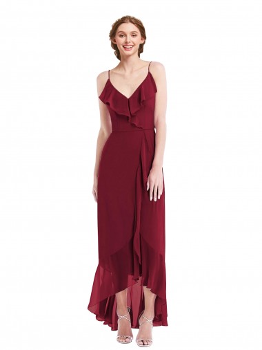 Bordeaux Trapèze Bretelles spaghetti Col V Mousseline Longue Asymétrique Robes demoiselle d'honneur à Bas Prix