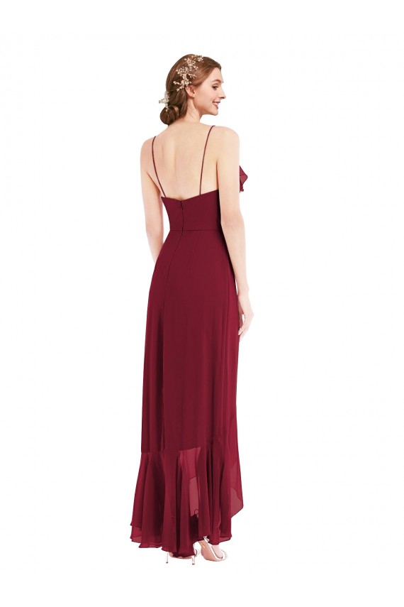 Bordeaux Trapèze Bretelles spaghetti Col V Mousseline Longue Asymétrique Robes demoiselle d'honneur à Bas Prix