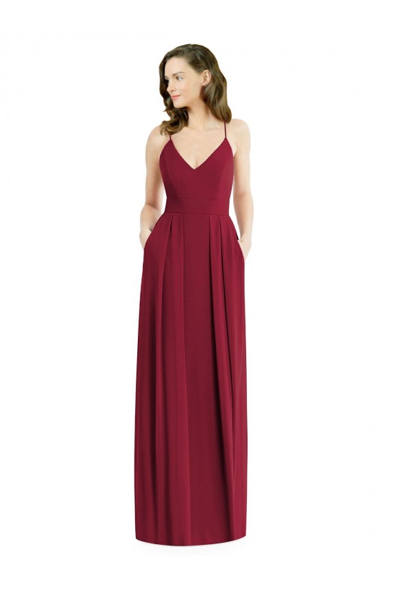 Bordeaux Trapèze Bretelles spaghetti Col V Mousseline Longue Robes demoiselle d'honneur à Bas Prix