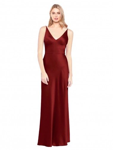 Bordeaux Trapèze Bretelles spaghetti Col V Satiné Stretch Longue Formelles Robes demoiselle d'honneur / Robes de soirée / Robes de bal à Bas Prix