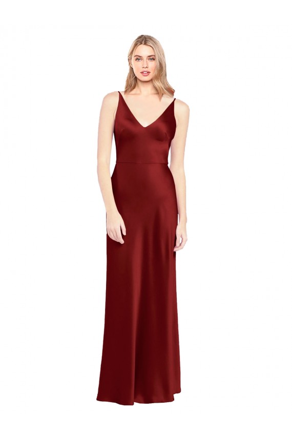 Bordeaux Trapèze Bretelles spaghetti Col V Satiné Stretch Longue Formelles Robes demoiselle d'honneur / Robes de soirée / Robes de bal à Bas Prix