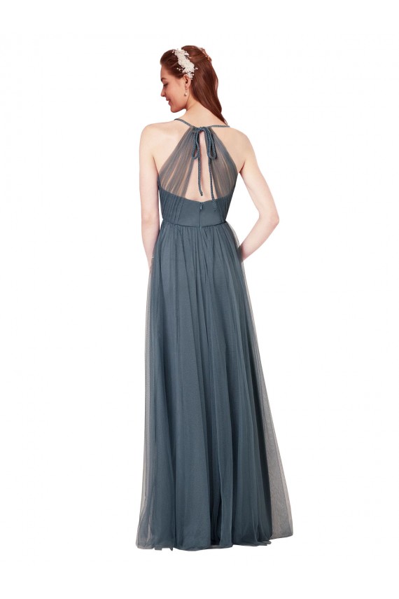 Bordeaux Trapèze Bretelles spaghetti Col V Tulle Longue Robes demoiselle d'honneur à Bas Prix