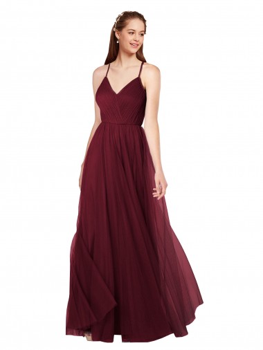 Bordeaux Trapèze Bretelles spaghetti Col V Tulle Longue Robes demoiselle d'honneur à Bas Prix