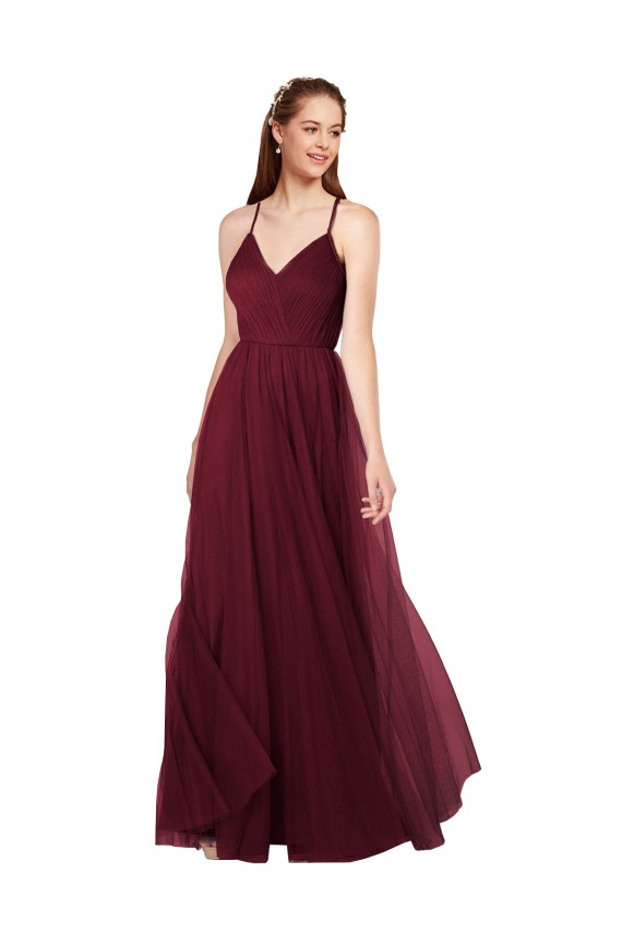 Bordeaux Trapèze Bretelles spaghetti Col V Tulle Longue Robes demoiselle d'honneur à Bas Prix