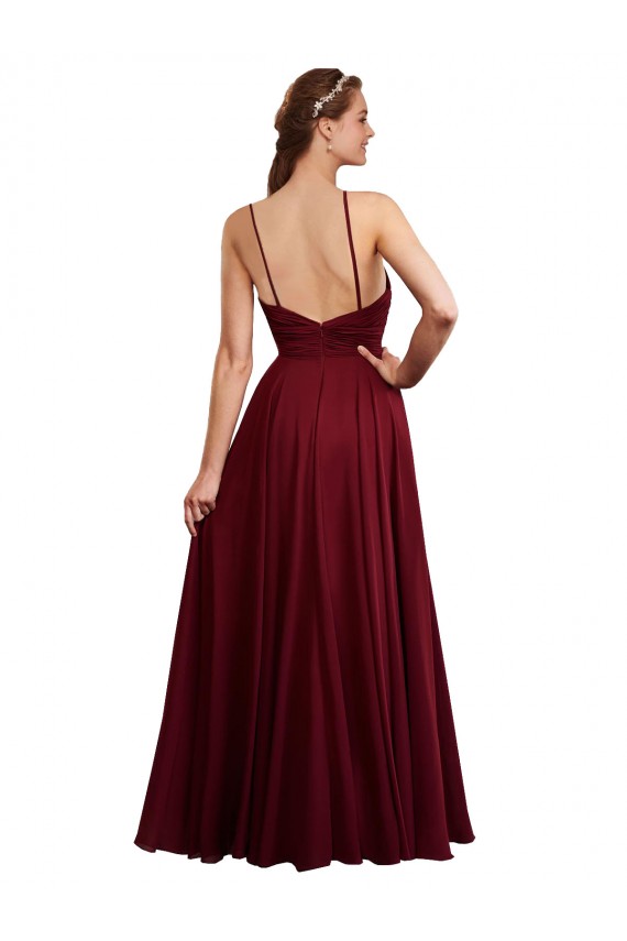 Bordeaux Trapèze Bretelles spaghetti Mousseline Longue Robes demoiselle d'honneur à Bas Prix