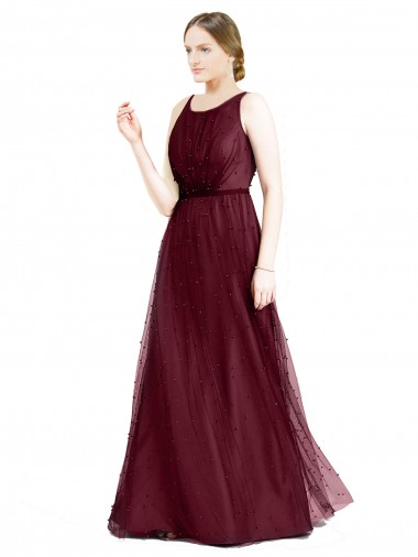 Bordeaux Trapèze Col Bateau Tulle Longue Robes demoiselle d'honneur à Bas Prix