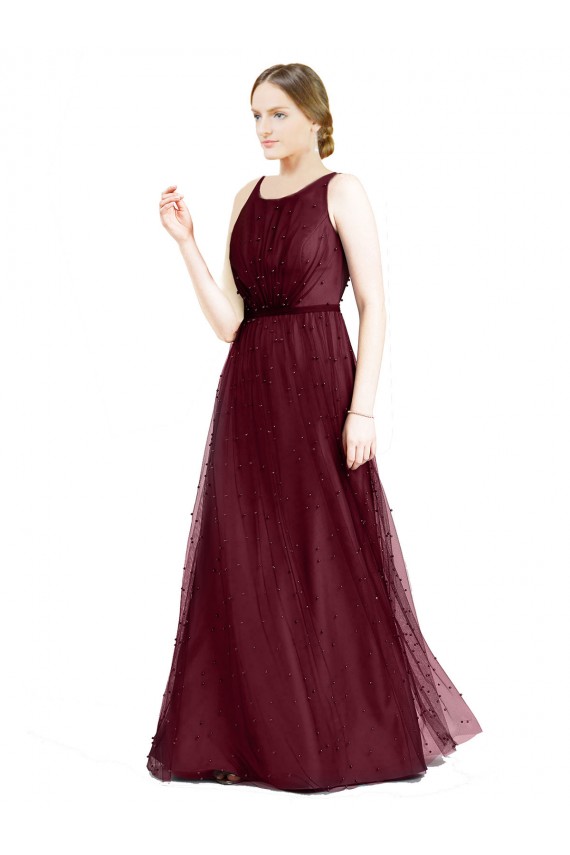 Bordeaux Trapèze Col Bateau Tulle Longue Robes demoiselle d'honneur à Bas Prix
