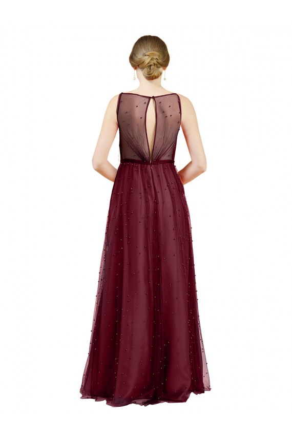 Bordeaux Trapèze Col Bateau Tulle Longue Robes demoiselle d'honneur à Bas Prix