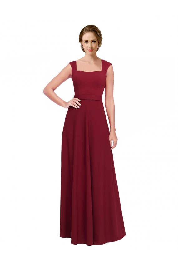 Bordeaux Trapèze Col Carré Crêpe Stretch Longue Robes demoiselle d'honneur / Robes de bal à Bas Prix