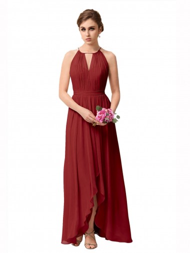 Bordeaux Trapèze Col Haut Mousseline Longue Asymétrique Robes demoiselle d'honneur à Bas Prix