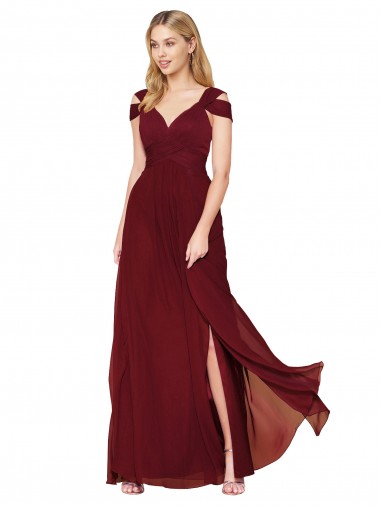Bordeaux Trapèze Col Haut Mousseline Longue Formelles Robes demoiselle d'honneur / Robes de soirée / Robes de bal à Bas Prix