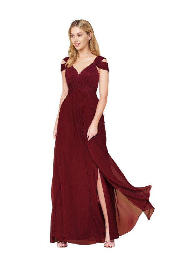 Bordeaux Trapèze Col Haut Mousseline Longue Formelles Robes demoiselle d'honneur / Robes de soirée / Robes de bal à Bas Prix