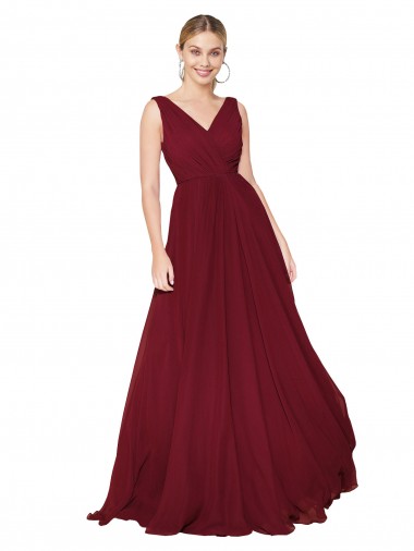Bordeaux Trapèze Col V Mousseline Longue Formelles Robes demoiselle d'honneur / Robes de soirée / Robes de bal à Bas Prix