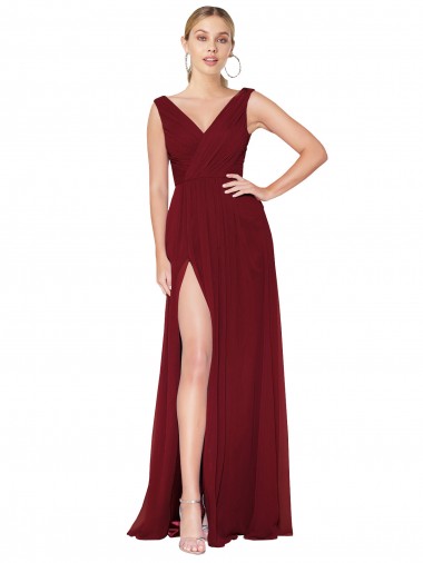 Bordeaux Trapèze Col V Mousseline Longue Formelles Robes demoiselle d'honneur / Robes de soirée / Robes de bal à Bas Prix