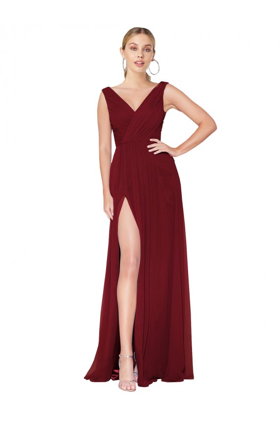 Bordeaux Trapèze Col V Mousseline Longue Formelles Robes demoiselle d'honneur / Robes de soirée / Robes de bal à Bas Prix