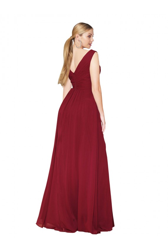 Bordeaux Trapèze Col V Mousseline Longue Formelles Robes demoiselle d'honneur / Robes de soirée / Robes de bal à Bas Prix