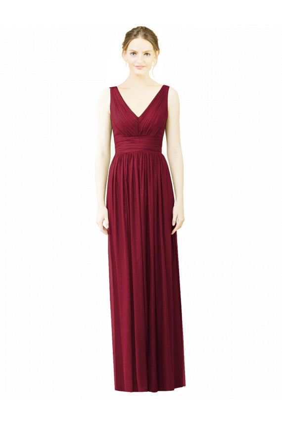 Bordeaux Trapèze Col V Mousseline Longue Robes demoiselle d'honneur à Bas Prix