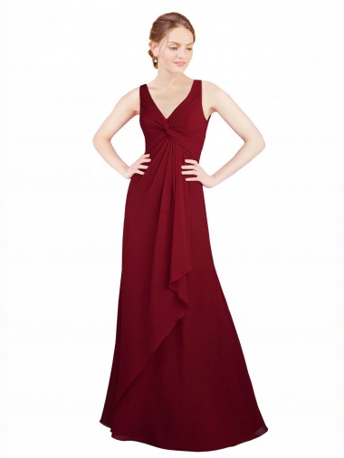 Bordeaux Trapèze Col V Mousseline Longue Robes demoiselle d'honneur à Bas Prix