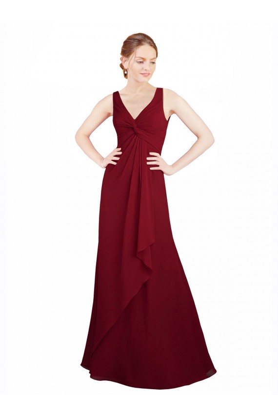 Bordeaux Trapèze Col V Mousseline Longue Robes demoiselle d'honneur à Bas Prix