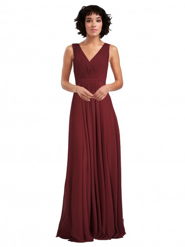 Bordeaux Trapèze Col V Mousseline Longue Robes demoiselle d'honneur à Bas Prix