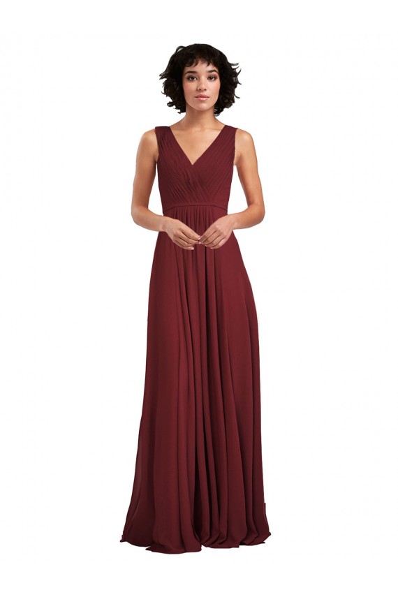 Bordeaux Trapèze Col V Mousseline Longue Robes demoiselle d'honneur à Bas Prix