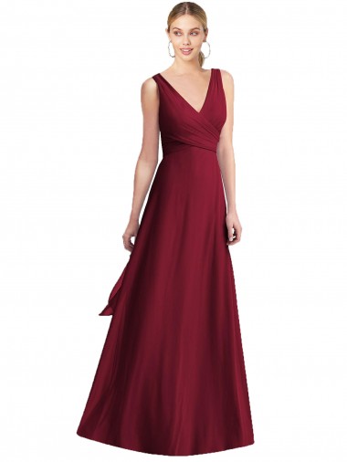 Bordeaux Trapèze Col V Mousseline Longue Robes demoiselle d'honneur à Bas Prix