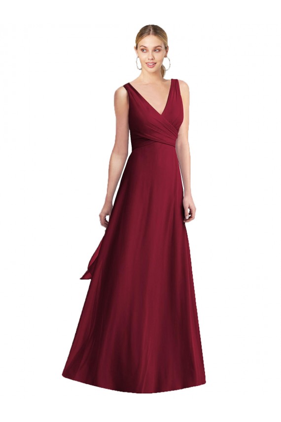 Bordeaux Trapèze Col V Mousseline Longue Robes demoiselle d'honneur à Bas Prix