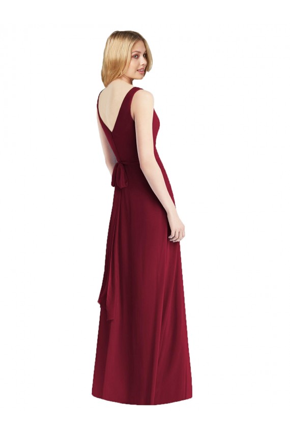 Bordeaux Trapèze Col V Mousseline Longue Robes demoiselle d'honneur à Bas Prix