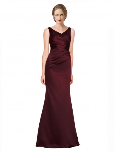 Bordeaux Trapèze Col V Satiné Longue Formelles Robes demoiselle d'honneur / Robes de soirée / Robes de bal à Bas Prix