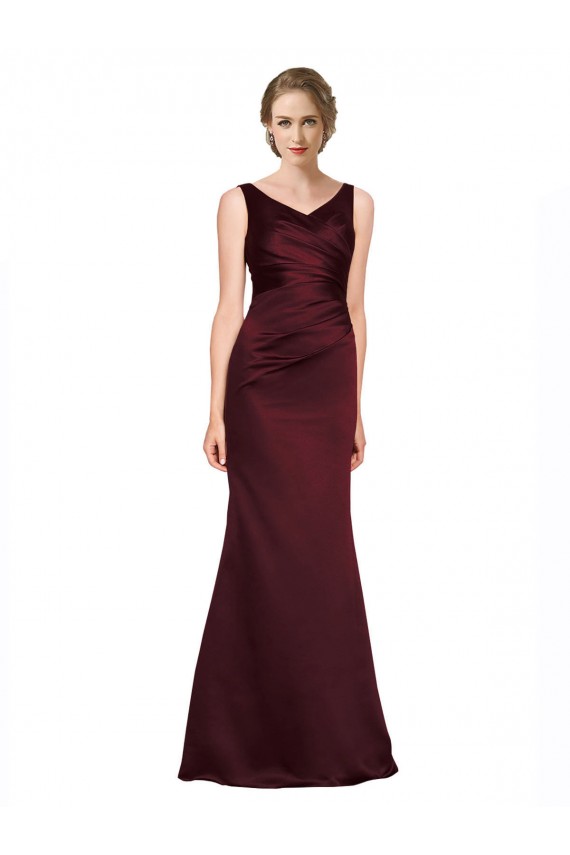 Bordeaux Trapèze Col V Satiné Longue Formelles Robes demoiselle d'honneur / Robes de soirée / Robes de bal à Bas Prix