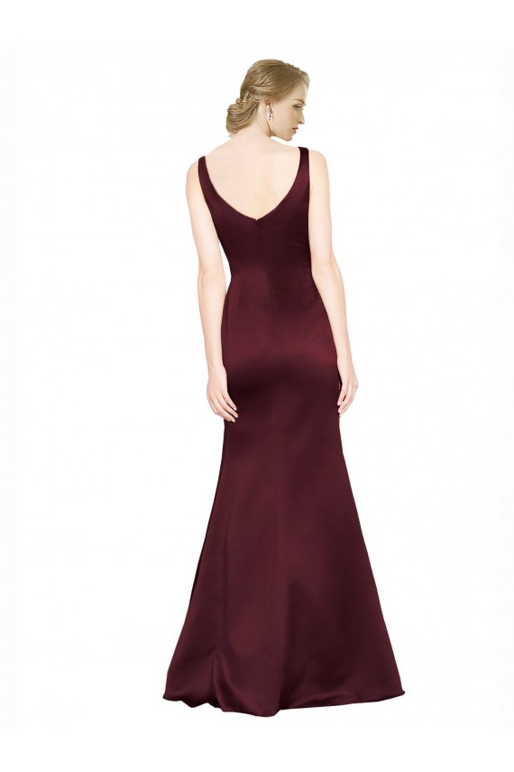 Bordeaux Trapèze Col V Satiné Longue Formelles Robes demoiselle d'honneur / Robes de soirée / Robes de bal à Bas Prix