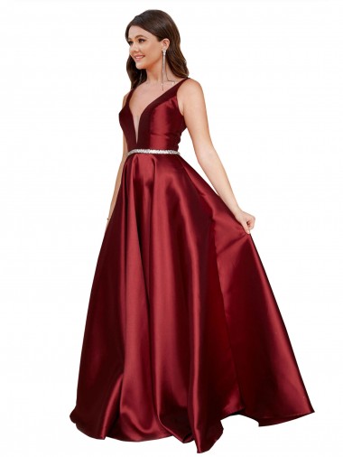 Bordeaux Trapèze Col V Satiné Longue Formelles Robes demoiselle d'honneur / Robes de soirée / Robes de bal à Bas Prix