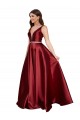 Bordeaux Trapèze Col V Satiné Longue Formelles Robes demoiselle d'honneur / Robes de soirée / Robes de bal à Bas Prix