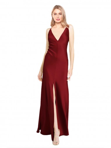 Bordeaux Trapèze Col V Satiné Stretch Longue Formelles Robes demoiselle d'honneur / Robes de soirée / Robes de bal à Bas Prix