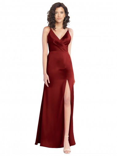 Bordeaux Trapèze Col V Satiné Stretch Longue Formelles Robes demoiselle d'honneur / Robes de soirée / Robes de bal à Bas Prix