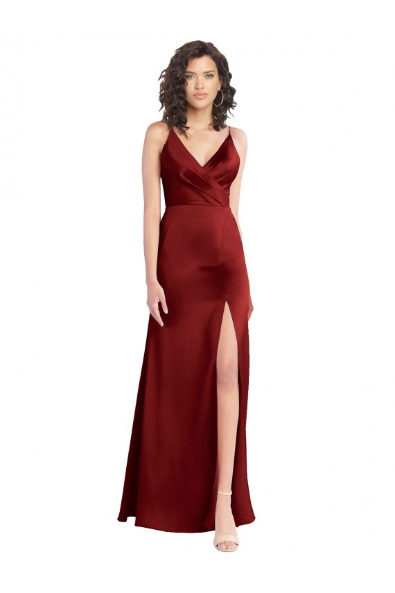 Bordeaux Trapèze Col V Satiné Stretch Longue Formelles Robes demoiselle d'honneur / Robes de soirée / Robes de bal à Bas Prix