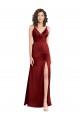 Bordeaux Trapèze Col V Satiné Stretch Longue Formelles Robes demoiselle d'honneur / Robes de soirée / Robes de bal à Bas Prix