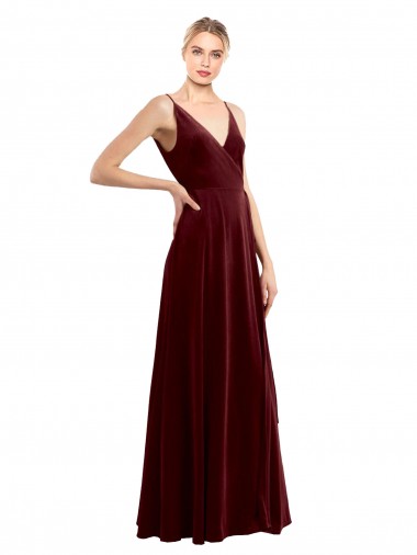 Bordeaux Trapèze Col V Velours Stretch Longue Formelles Robes demoiselle d'honneur / Robes de soirée / Robes de bal à Bas Prix