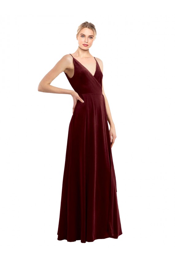 Bordeaux Trapèze Col V Velours Stretch Longue Formelles Robes demoiselle d'honneur / Robes de soirée / Robes de bal à Bas Prix