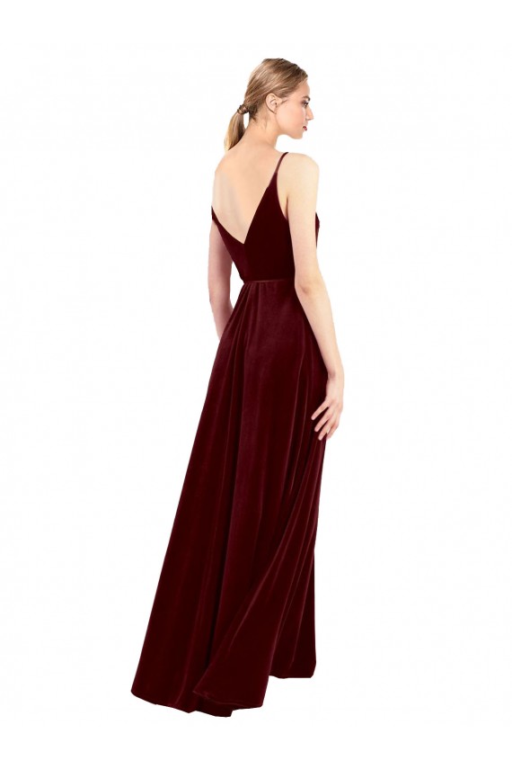 Bordeaux Trapèze Col V Velours Stretch Longue Formelles Robes demoiselle d'honneur / Robes de soirée / Robes de bal à Bas Prix