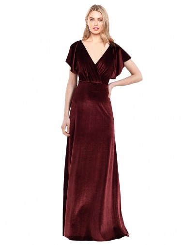 Bordeaux Trapèze Col V Velours Stretch Longue Robes demoiselle d'honneur / Robes de bal à Bas Prix