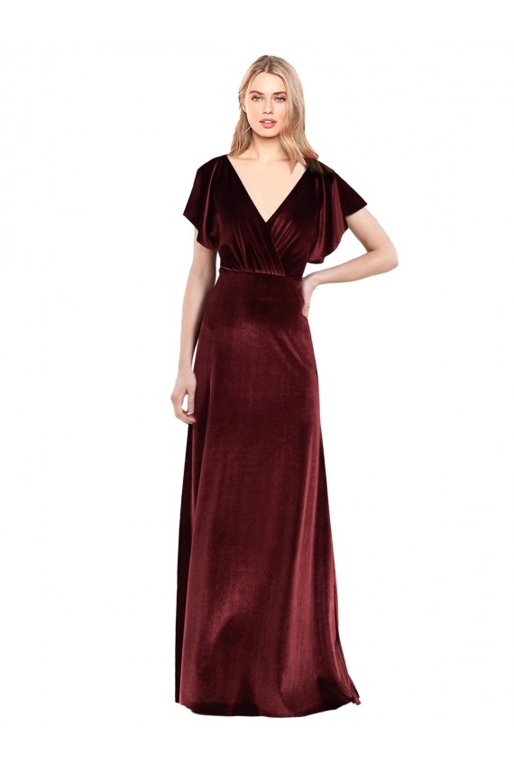 Bordeaux Trapèze Col V Velours Stretch Longue Robes demoiselle d'honneur / Robes de bal à Bas Prix