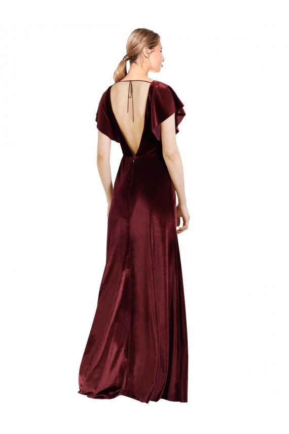 Bordeaux Trapèze Col V Velours Stretch Longue Robes demoiselle d'honneur / Robes de bal à Bas Prix