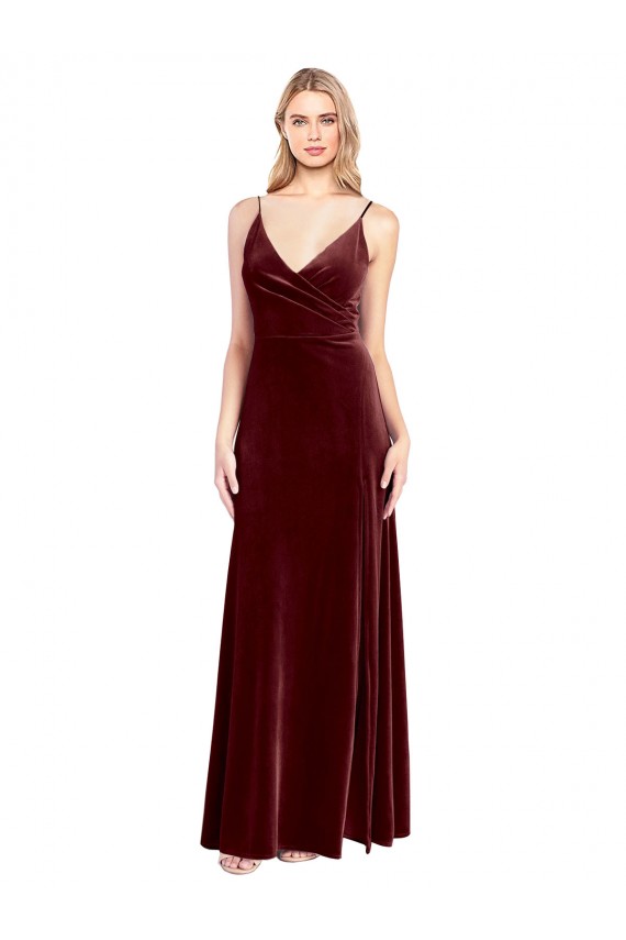 Bordeaux Trapèze Col V Velours Stretch Longue Robes demoiselle d'honneur / Robes de bal à Bas Prix