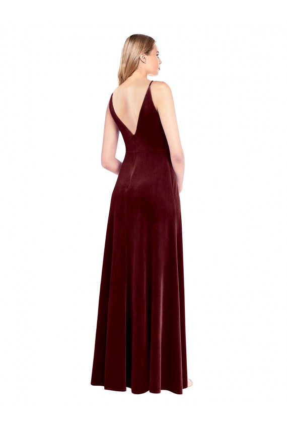 Bordeaux Trapèze Col V Velours Stretch Longue Robes demoiselle d'honneur / Robes de bal à Bas Prix