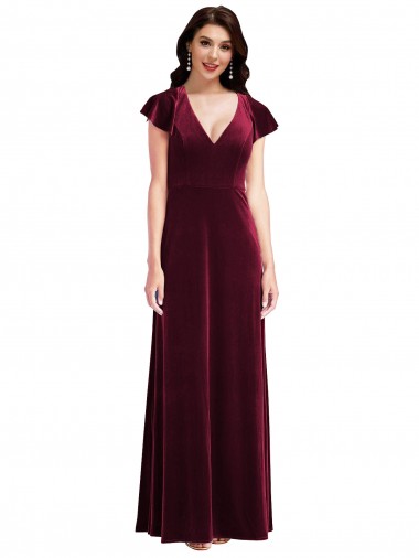 Bordeaux Trapèze Col V Velours Stretch Longue Robes demoiselle d'honneur / Robes de bal à Bas Prix